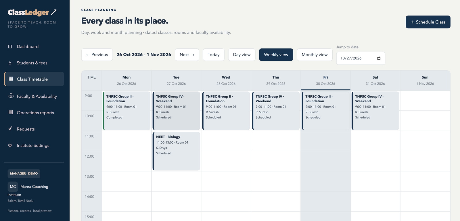 Weekly Class Timetable with fictional batches, faculty, room numbers and class times