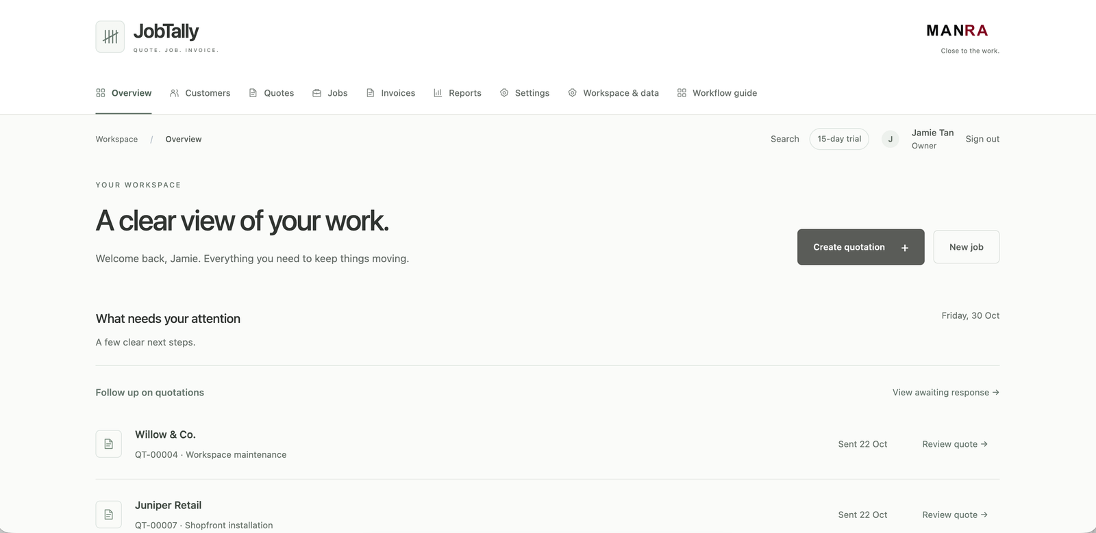 JobTally overview showing fictional quotations awaiting follow-up in a small service business workspace